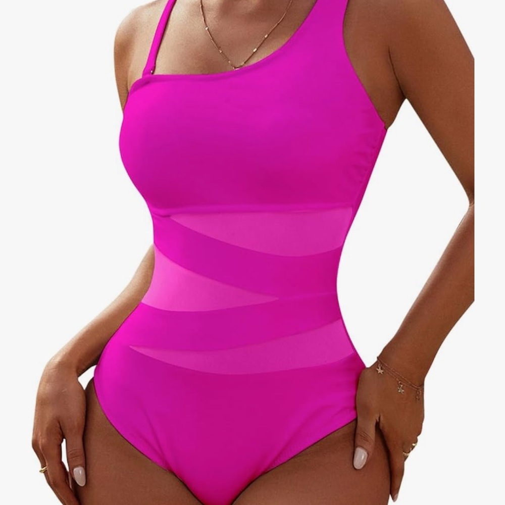 Hot pink one piece swimsuit with sheer cutouts in bodice, removable strap S #376